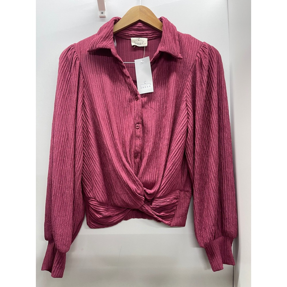 Ember Magenta Pink Plisse Twist Front Button Down Puff Sleeve Blouse Large NWT